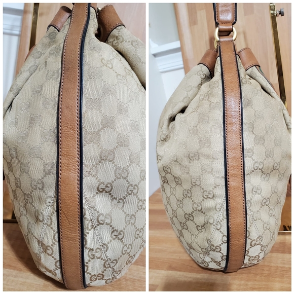 GUCCI Monogram Web Rania Drawstring Shoulder Bag Sand - Picture 7 of 12